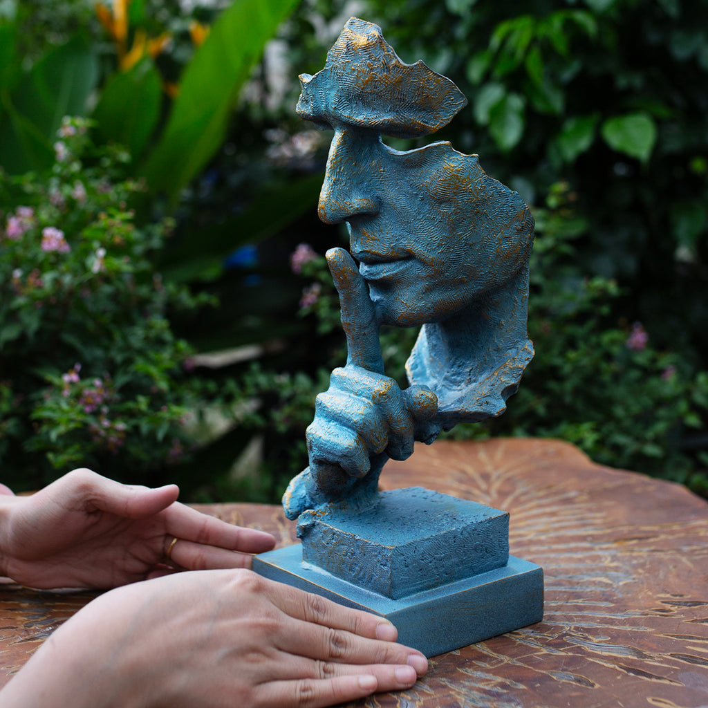 Abstract Silence Face Sculpture: Blue & Gold Resin Modern Art