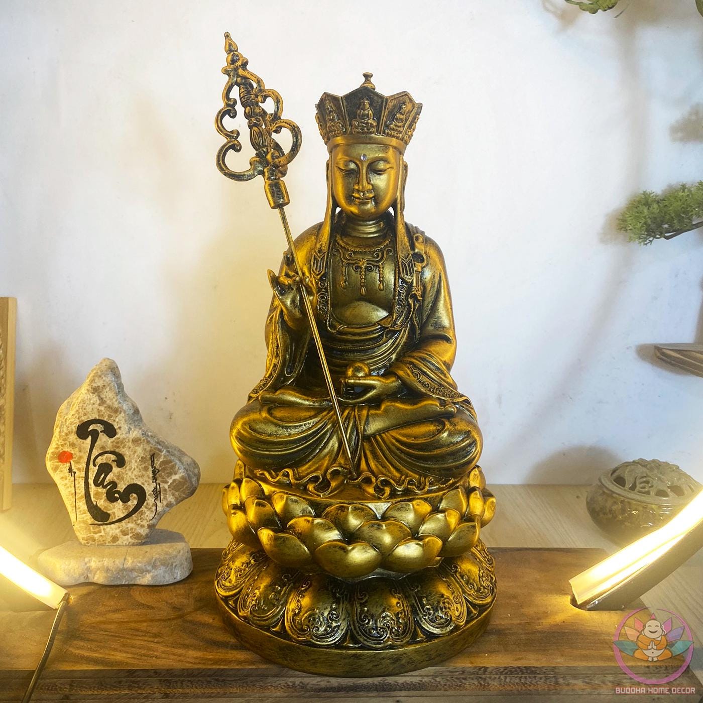 11.8 inches Ksitigarbha Bodhisattva Statue – Seated on Lotus, Stone-Finished, Buddhist Home Decor, Dharma Protector Sculpture
