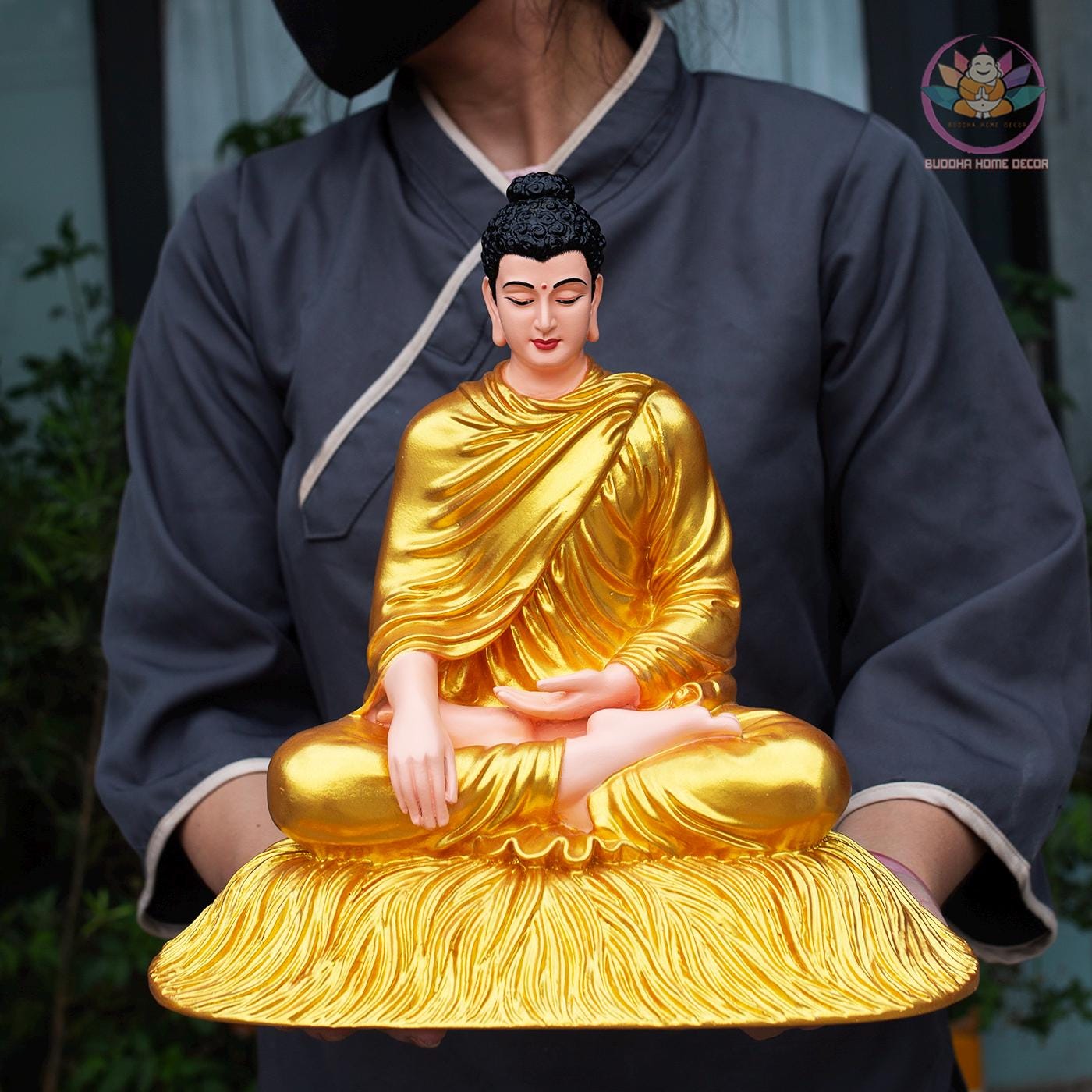 Shakyamuni Buddha Statue – 11.8 inch (30cm) – Seated on Grass Base | Yellow Robe | Mindfulness Decor