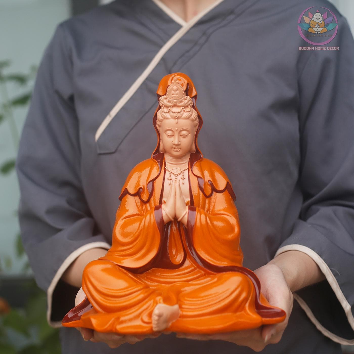 Seated Kwan Yin Statue with Praying Hands – Grey Stone Finish Guan Yin, 9.8 inches Handmade Resin Sculpture for Peace & Home Decor