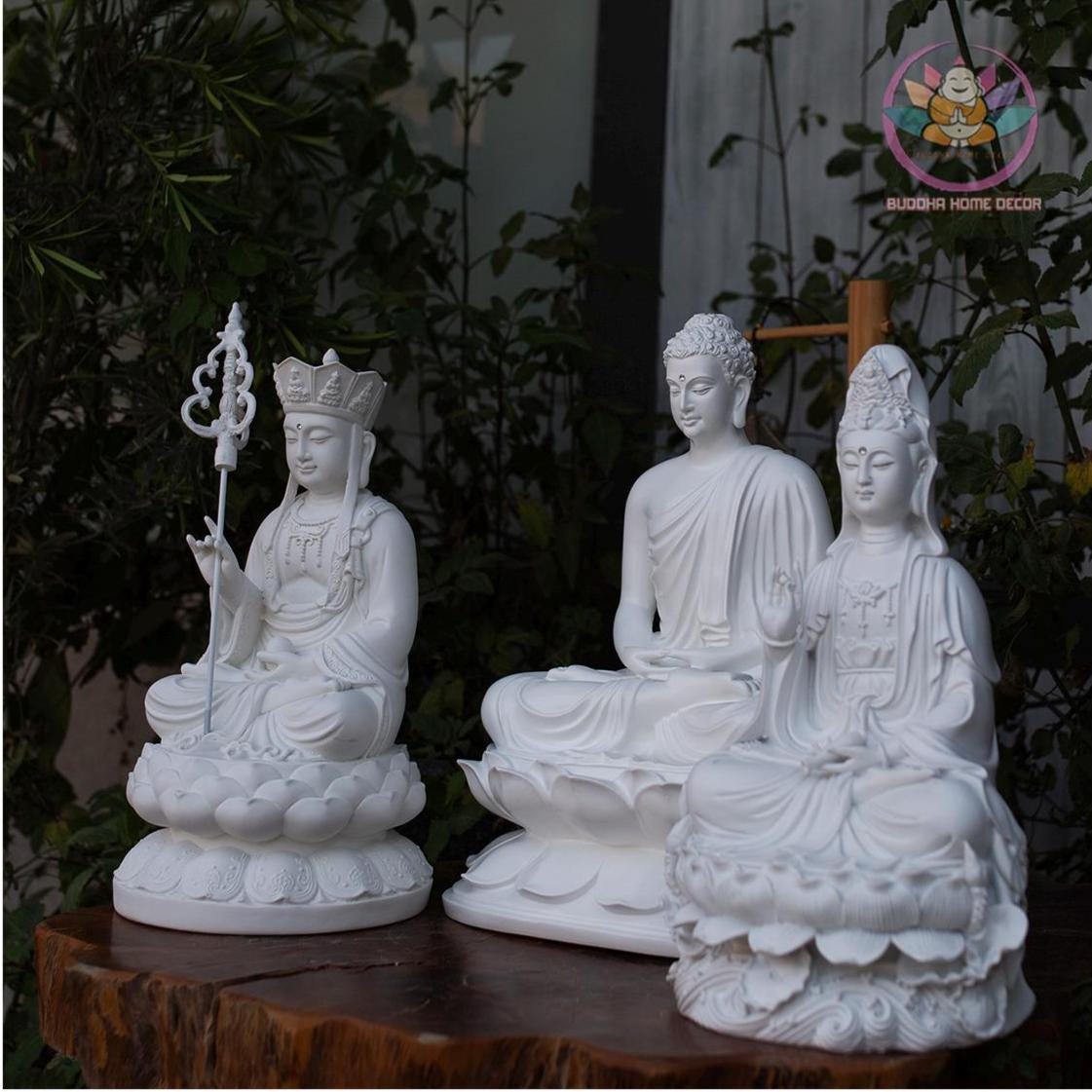 Buddhist Enlightened Trinity Statue Set – Shakyamuni Buddha, Ksitigarbha, and Avalokiteshvara – Stone Finish, 3 Piece Zen Sculpture Set