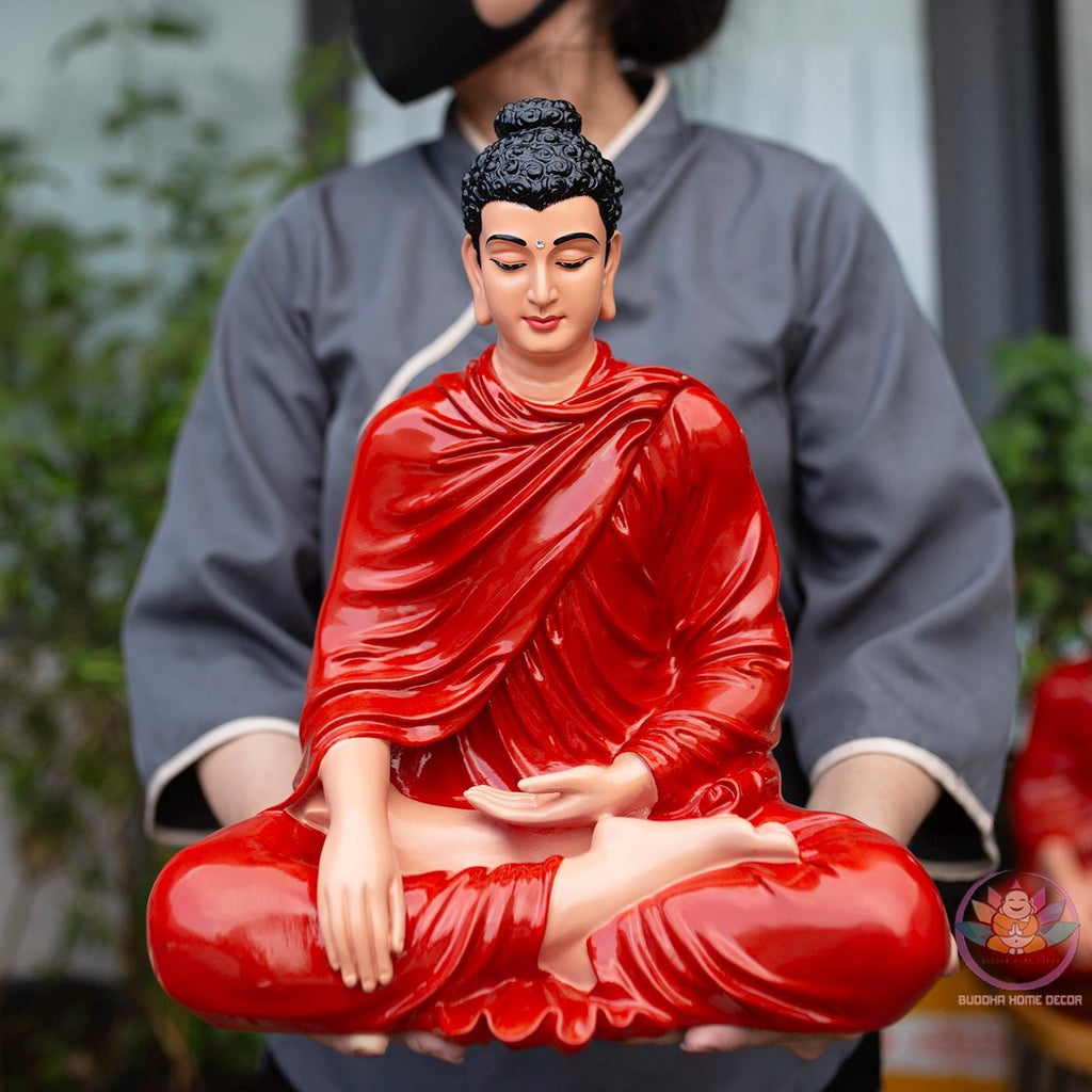 Red Robe Buddha Statue – (19.7/14.6/9.4) inches Handmade Meditation Sculpture for Zen Altar or Asian Decor