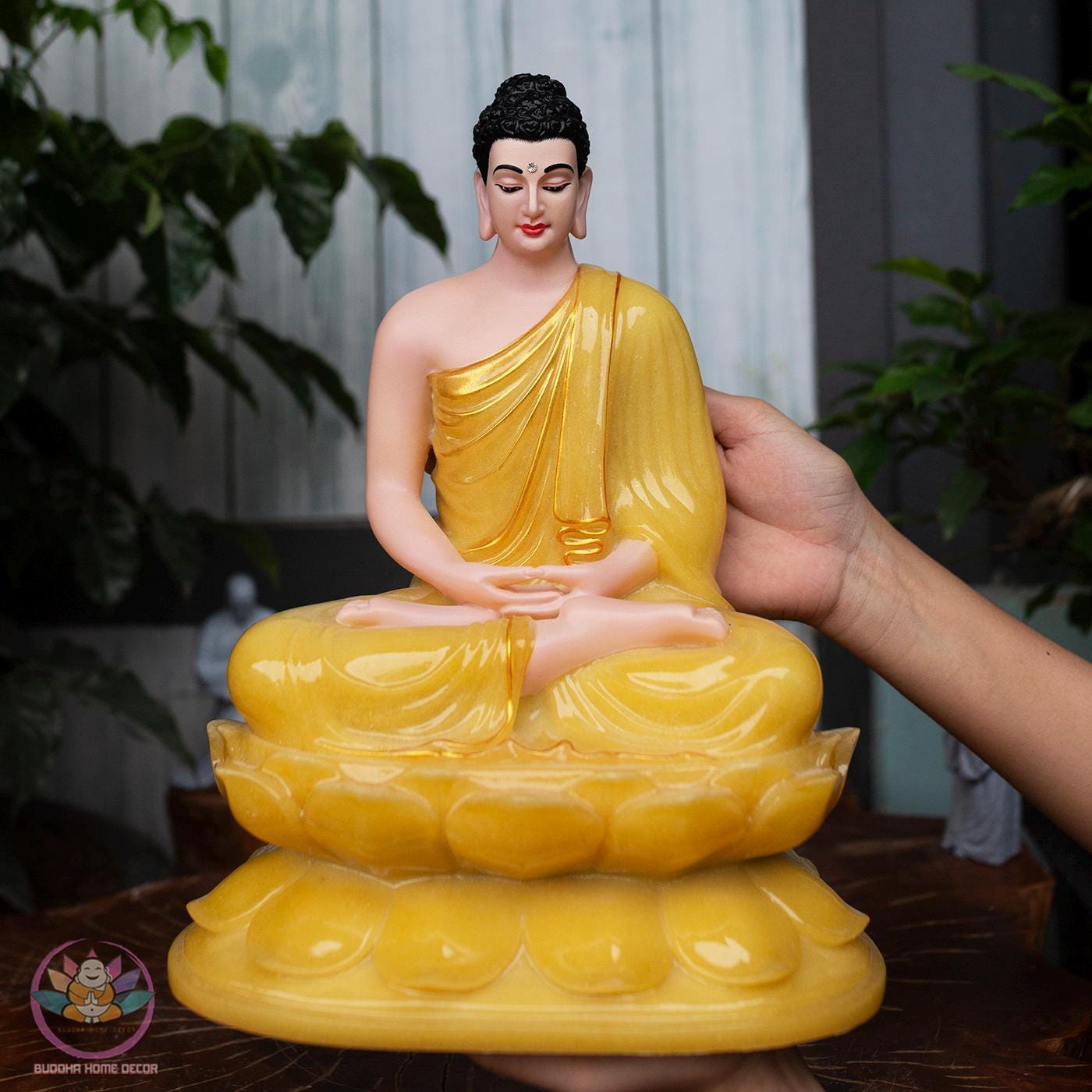 Amitabha Buddha, Avalokiteshvara & Kṣitigarbha Bodhisattva Statue Set – Premium Yellow Quartz Stone Powder (12.6 inches)