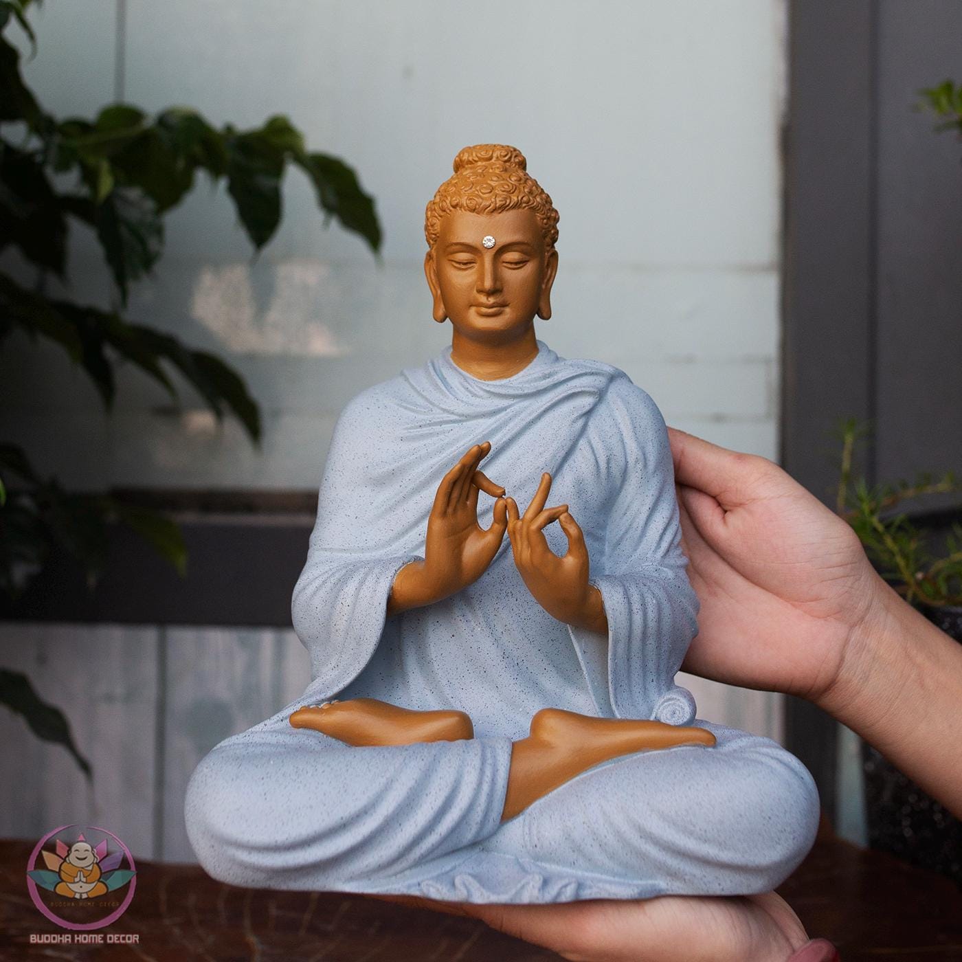 Shakyamuni Buddha Turning the Dharma Wheel Statue – 9.8" Resin Stone Powder – Enlightenment Decor, Buddhist Gift