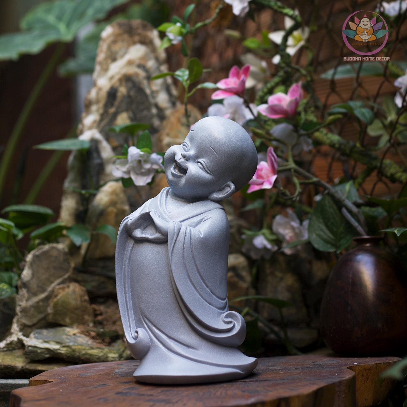 Happy Little Monk Statue – 11.8 inch | Zen Buddha Decor | Resin Stone Composite Sculpture