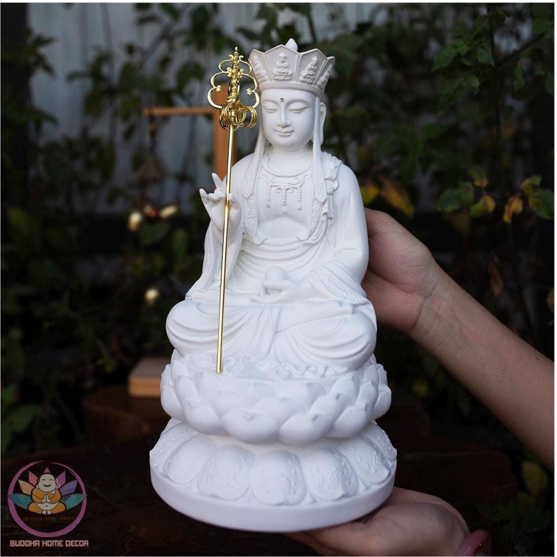 11.8 inches Ksitigarbha Bodhisattva Statue – Seated on Lotus, Stone-Finished, Buddhist Home Decor, Dharma Protector Sculpture