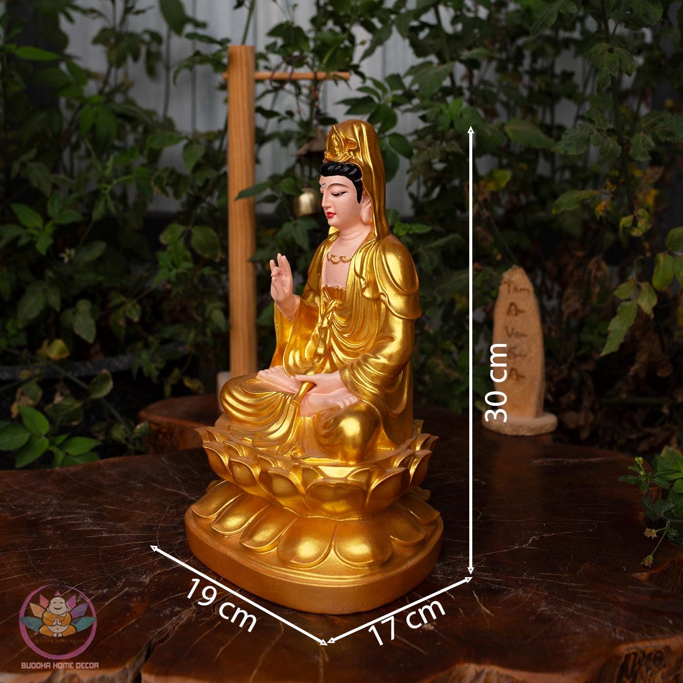 Golden Guanyin Buddha Statue – 30cm (11.8 inches) Resin & Stone Powder Figurine | Kwan Yin of Mercy | Meditation Altar Decor