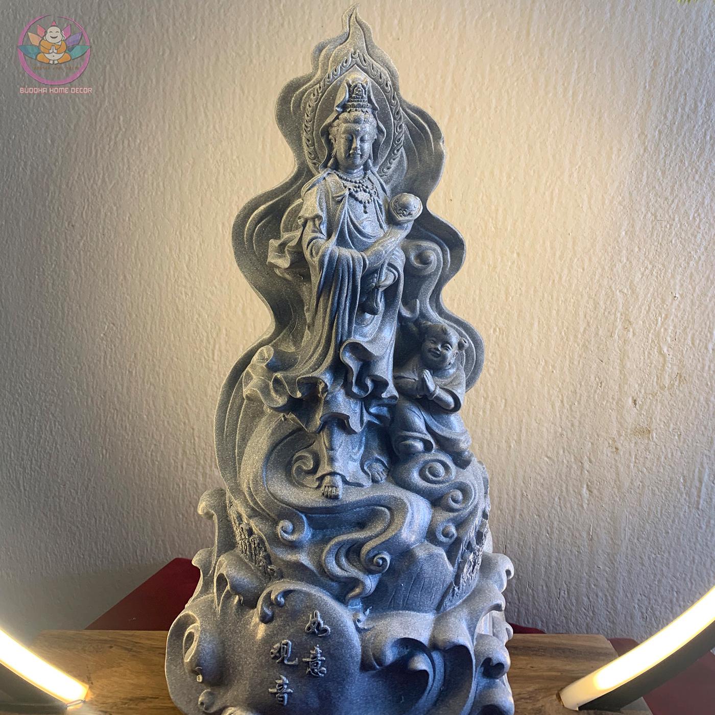Guanyin Ruyi Statue – 15.7 inches Avalokiteshvara on Waves – Compassion and Wish-Granting Bodhisattva Sculpture - Buddha Statue