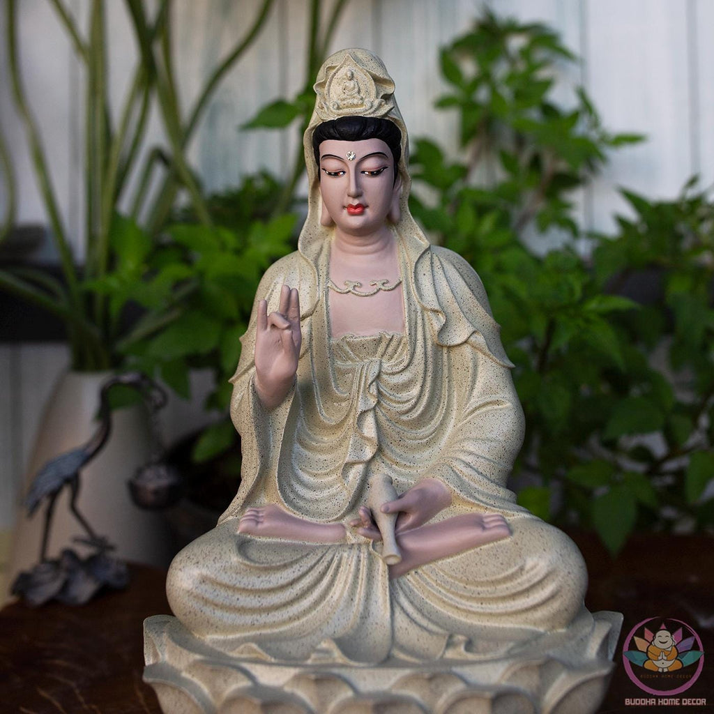 Guanyin Buddha Statue – 11.8 inches (30cm) Resin Stone Powder Sculpture | Compassion Kwan Yin Figurine | Home Altar Decor