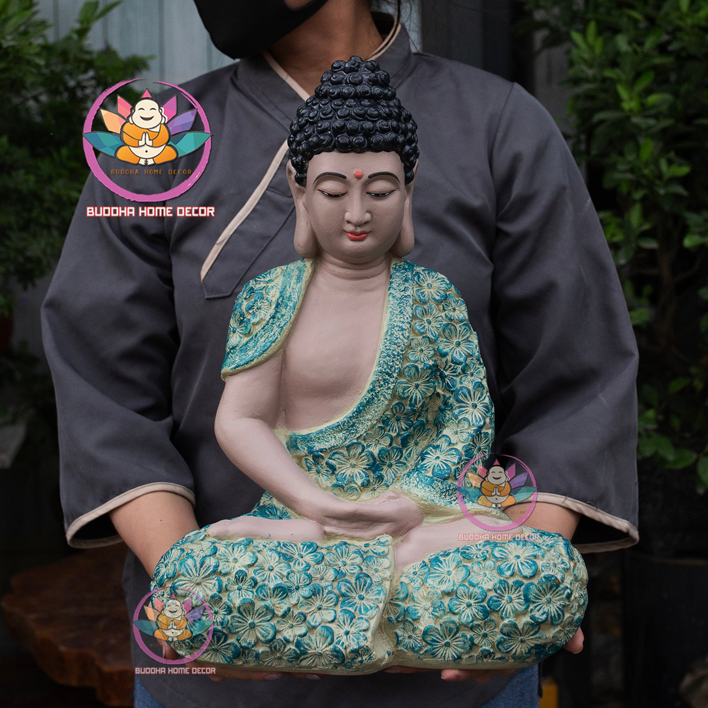 Hand-Painted Buddha Statue – Floral Robe Design | Shakyamuni Sculpture | Artisan Buddhist Decor | Vietnamese Handmade | 3D Printed Base