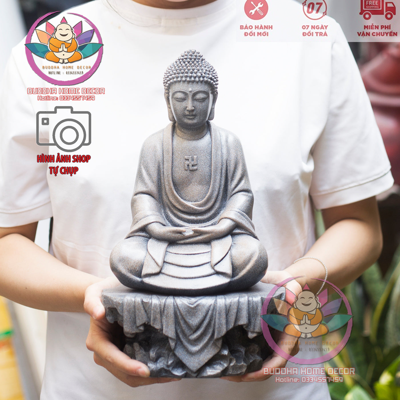 Amitabha Buddha Statue with Base – 9.5 inches Resin Amituofo in Meditation – Pure Land Buddhist Figurine for Altar or Home Decor