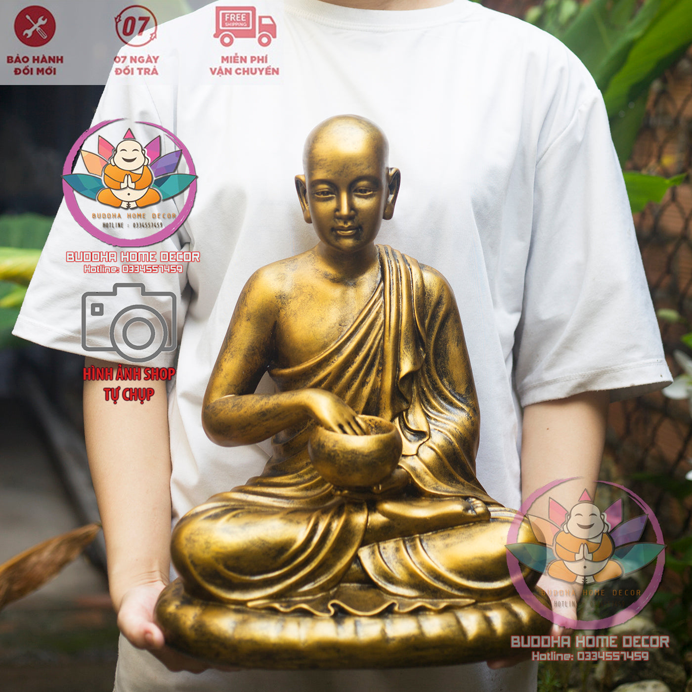 Sivali Monk Statue – Thai Buddhist Wealth Monk Sculpture – Resin Alms Bowl Monk for Home Altar, Luck & Prosperity Decor