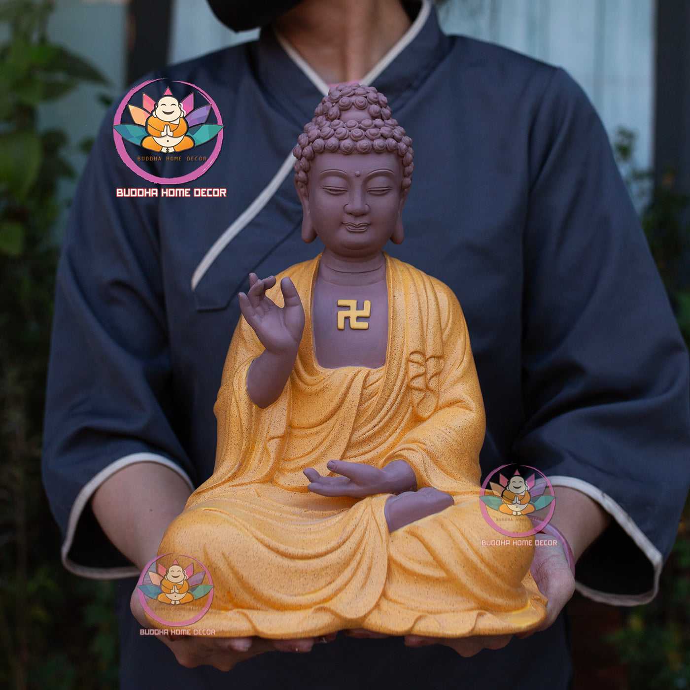 Amitabha Buddha Statue – Yellow Robe Buddha in Meditation – Resin Amituofo Figurine for Altar, Home, or Zen Space