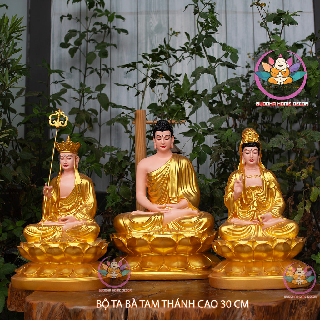 Golden Buddha Statue Set – Hand-Painted Buddhist Trio | Altar Decor | Vietnamese Handicraft | Home Decor | Zen Decor