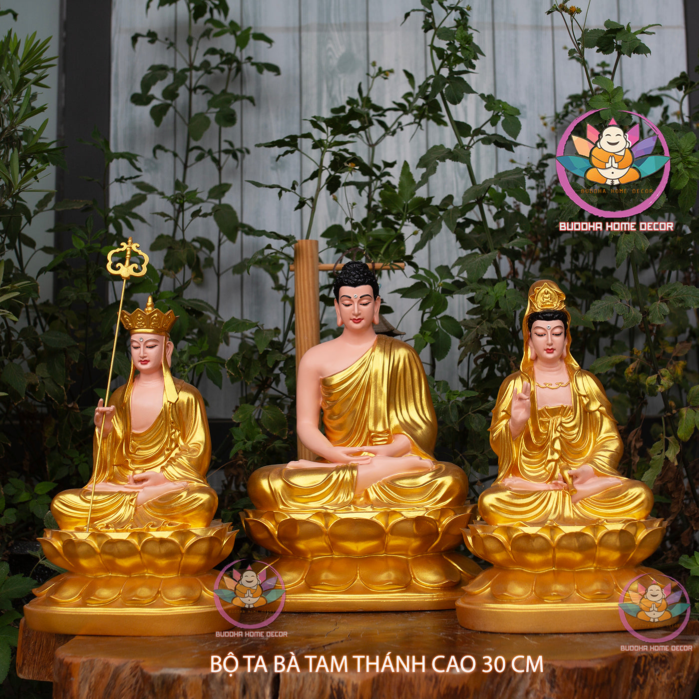 Golden Buddha Statue Set – Hand-Painted Buddhist Trio | Altar Decor | Vietnamese Handicraft | Home Decor | Zen Decor