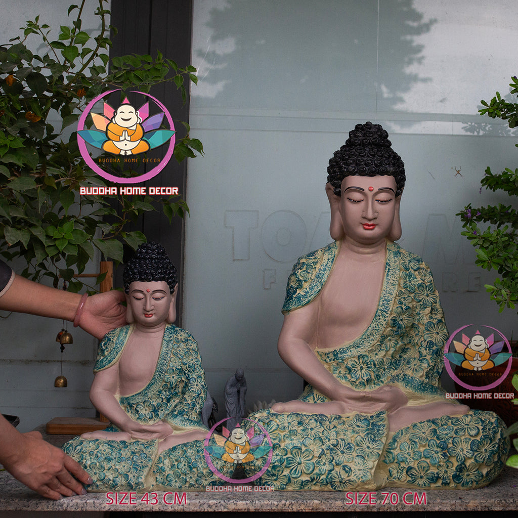 Hand-Painted Buddha Statue – Floral Robe Design | Shakyamuni Sculpture | Artisan Buddhist Decor | Vietnamese Handmade | 3D Printed Base