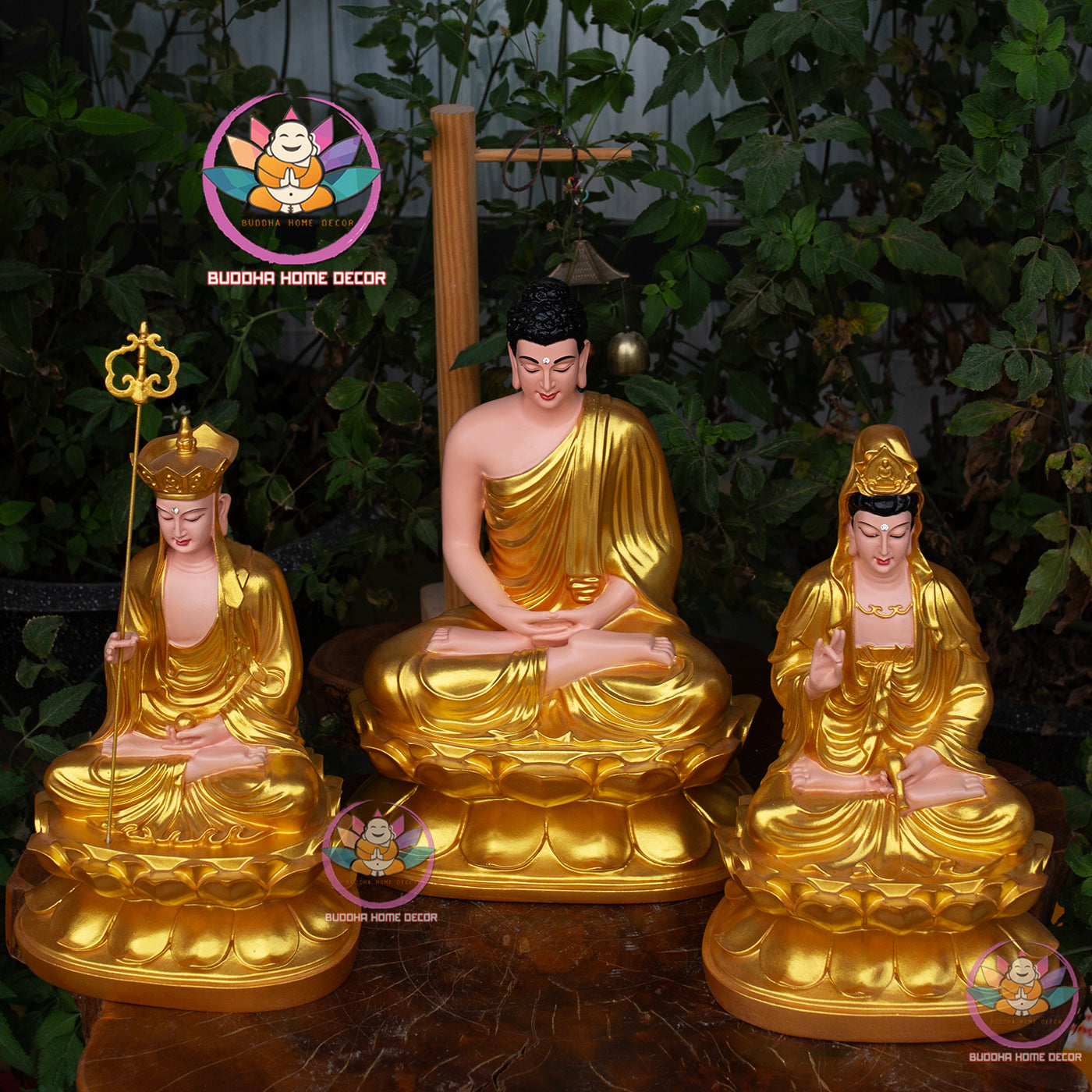 Golden Buddha Statue Set – Hand-Painted Buddhist Trio | Altar Decor | Vietnamese Handicraft | Home Decor | Zen Decor