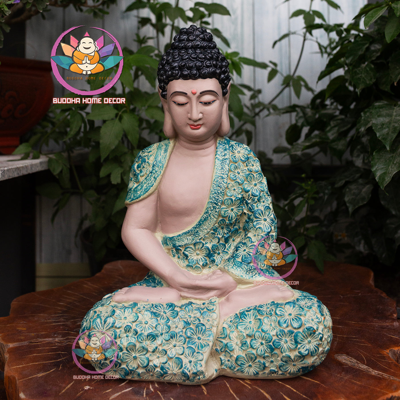 Hand-Painted Buddha Statue – Floral Robe Design | Shakyamuni Sculpture | Artisan Buddhist Decor | Vietnamese Handmade | 3D Printed Base