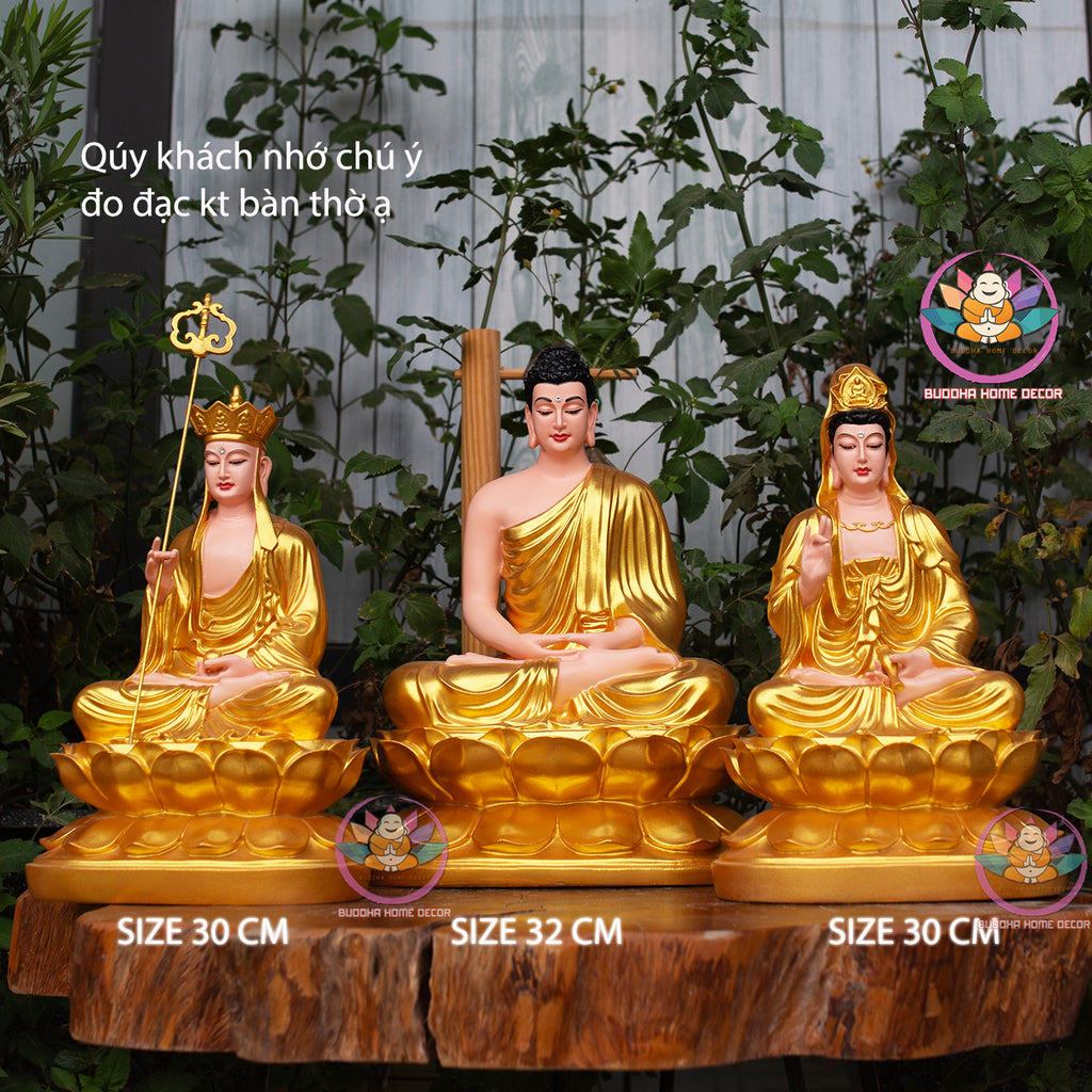 Golden Buddha Statue Set – Hand-Painted Buddhist Trio | Altar Decor | Vietnamese Handicraft | Home Decor | Zen Decor