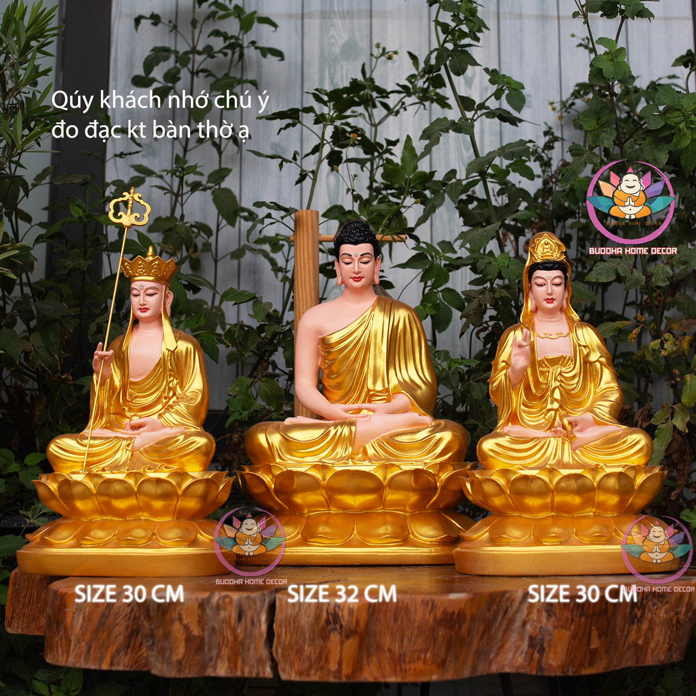 Golden Buddha Statue Set – Hand-Painted Buddhist Trio | Altar Decor | Vietnamese Handicraft | Home Decor | Zen Decor