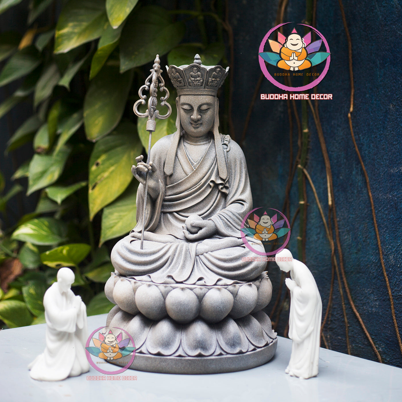Ksitigarbha (Dizang) Bodhisattva Statue – 15.7 inchesEarth Store Bodhisattva on Stone Lotus Base – Resin Buddhist Sculpture for Altar