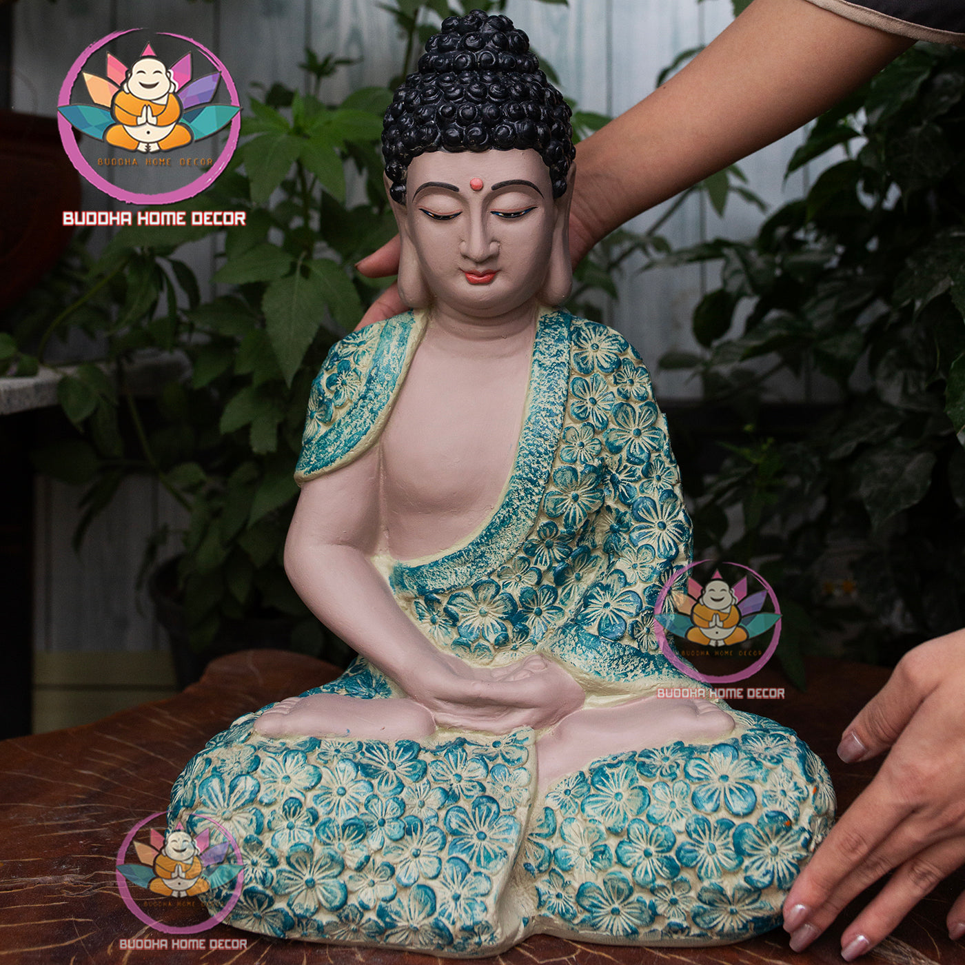 Hand-Painted Buddha Statue – Floral Robe Design | Shakyamuni Sculpture | Artisan Buddhist Decor | Vietnamese Handmade | 3D Printed Base