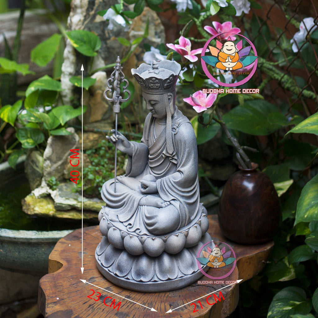 Ksitigarbha (Dizang) Bodhisattva Statue – 15.7 inchesEarth Store Bodhisattva on Stone Lotus Base – Resin Buddhist Sculpture for Altar