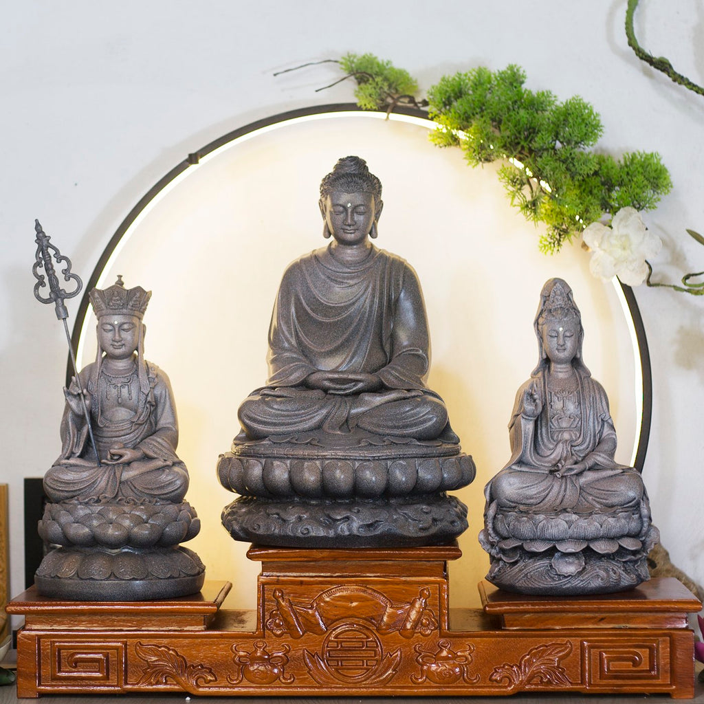 Sakyamuni Buddha with Avalokiteshvara and Ksitigarbha Bodhisattva Statue Set – Composite Gray Finish
