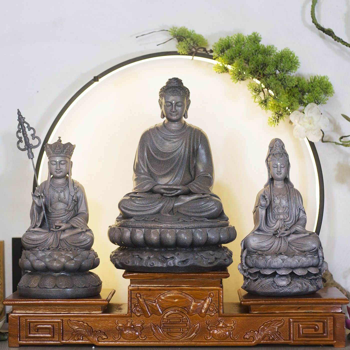 Sakyamuni Buddha with Avalokiteshvara and Ksitigarbha Bodhisattva Statue Set – Composite Gray Finish