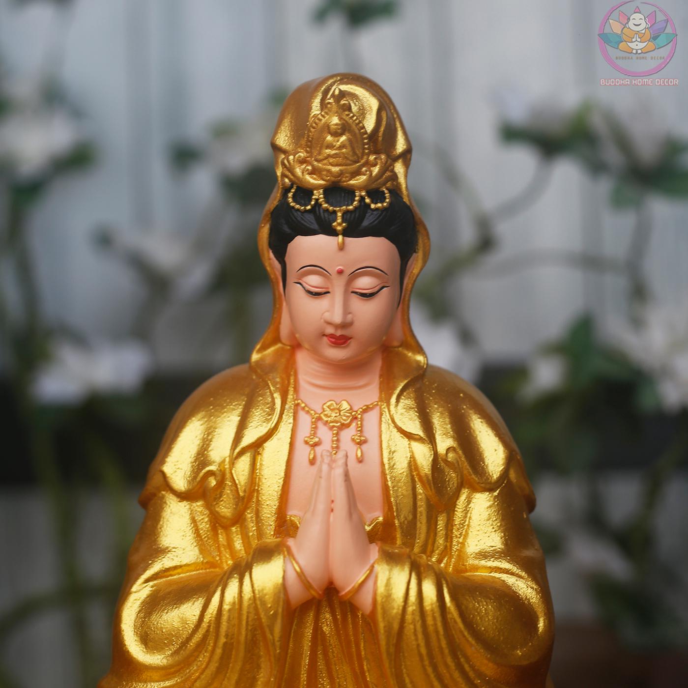 Seated Kwan Yin Statue with Praying Hands – Grey Stone Finish Guan Yin, 9.8 inches Handmade Resin Sculpture for Peace & Home Decor