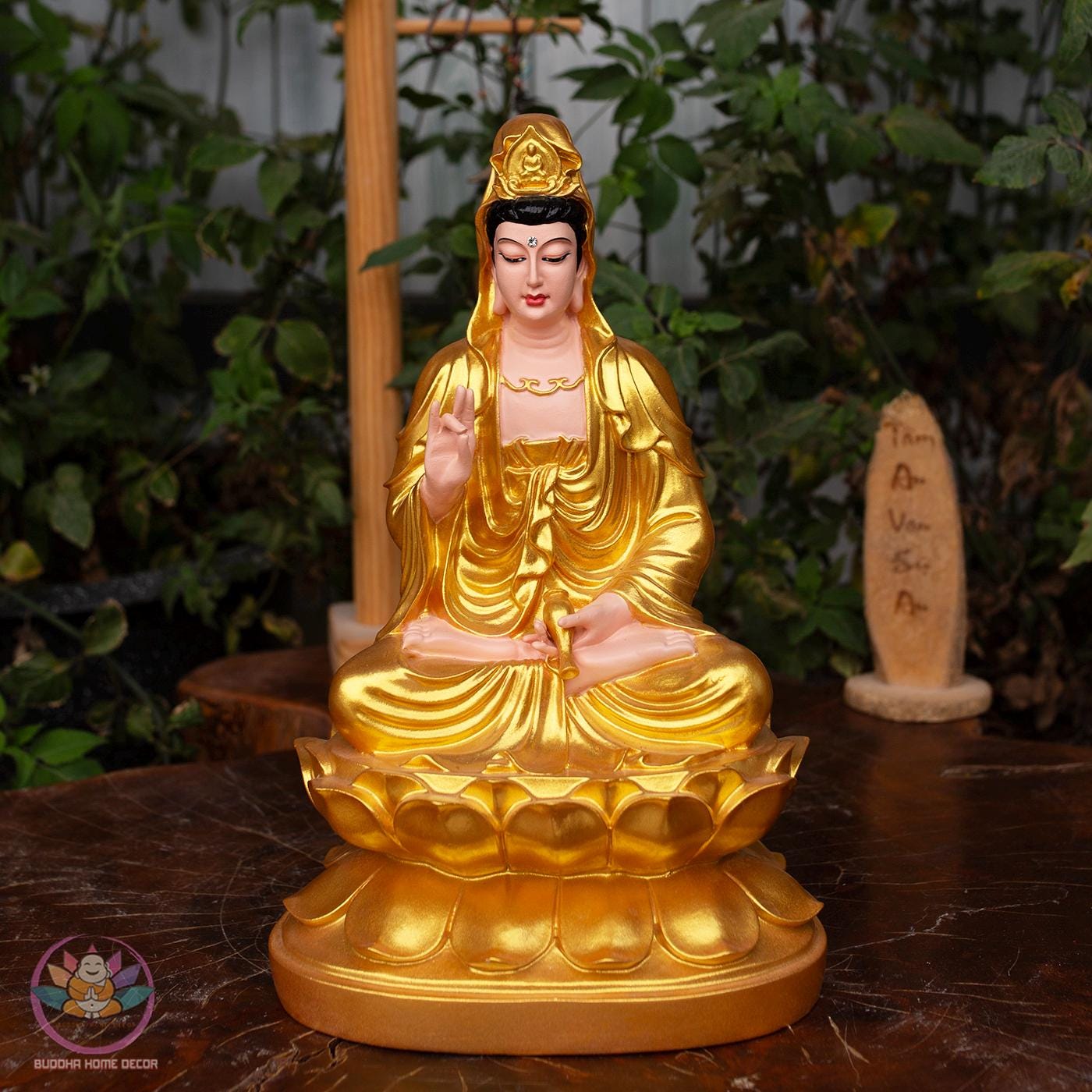 Golden Guanyin Buddha Statue – 30cm (11.8 inches) Resin & Stone Powder Figurine | Kwan Yin of Mercy | Meditation Altar Decor