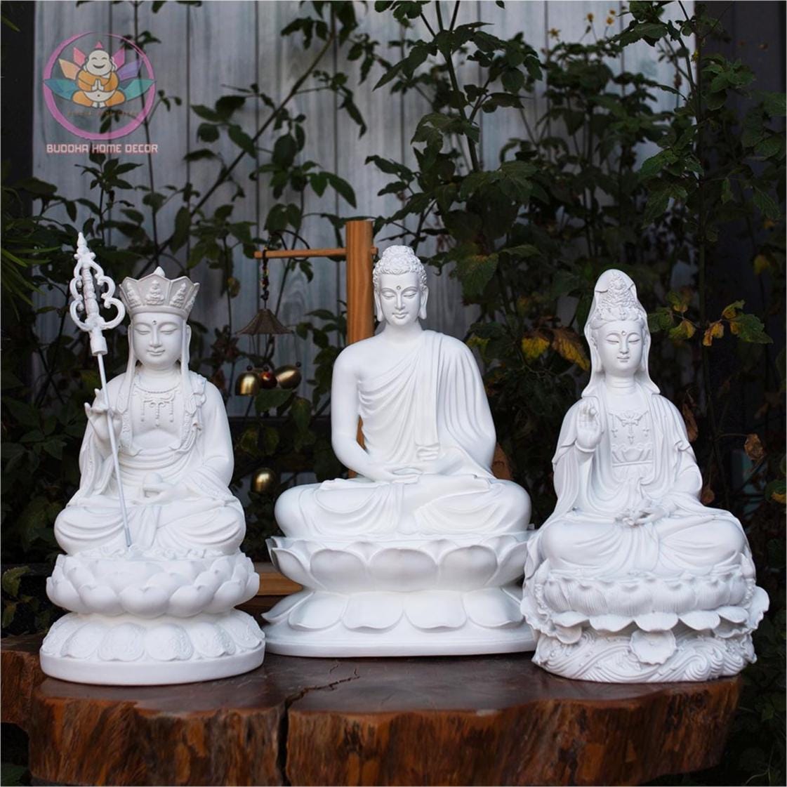Buddhist Enlightened Trinity Statue Set – Shakyamuni Buddha, Ksitigarbha, and Avalokiteshvara – Stone Finish, 3 Piece Zen Sculpture Set