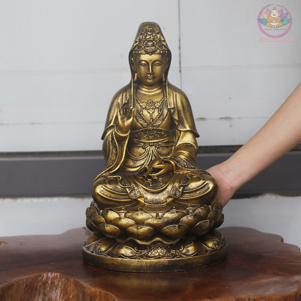 Kwan Yin Statue – Seated Bodhisattva of Compassion on Lotus Base (15.7 inches)