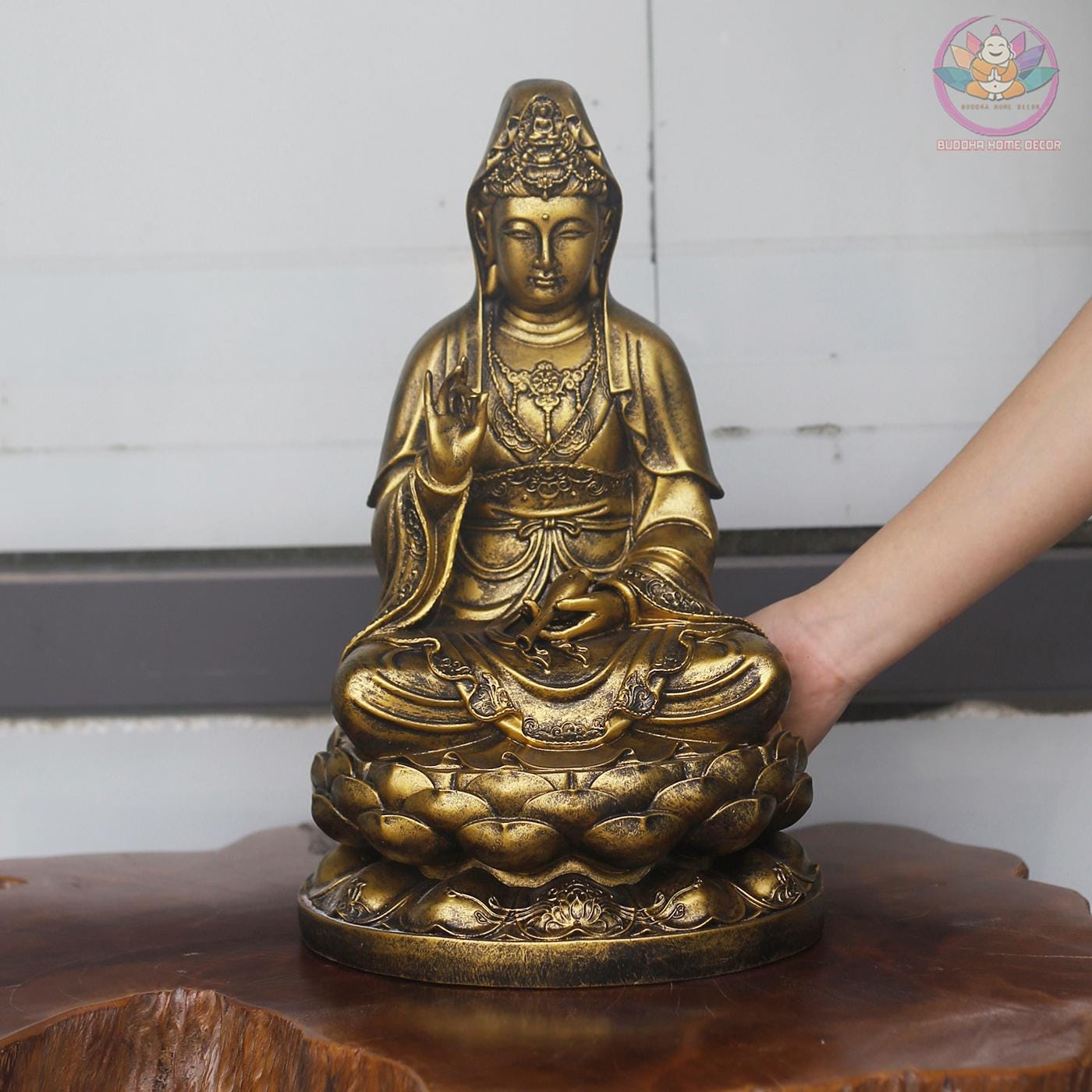 Kwan Yin Statue – Seated Bodhisattva of Compassion on Lotus Base (15.7 inches)