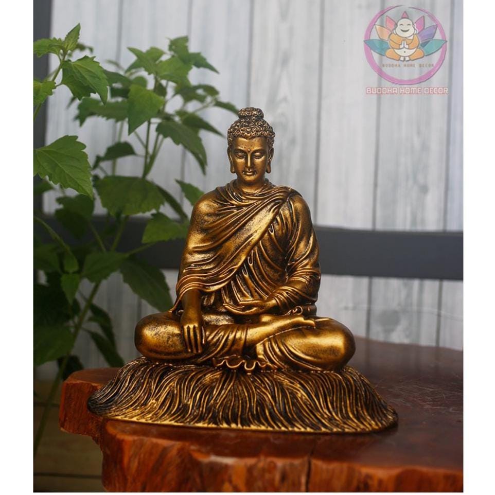 Shakyamuni Buddha Statue – 11.8 inch (30cm) – Seated on Grass Base | Yellow Robe | Mindfulness Decor