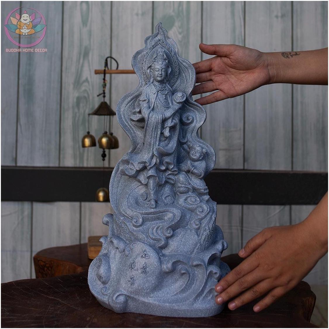 Guanyin Ruyi Statue – 15.7 inches Avalokiteshvara on Waves – Compassion and Wish-Granting Bodhisattva Sculpture - Buddha Statue