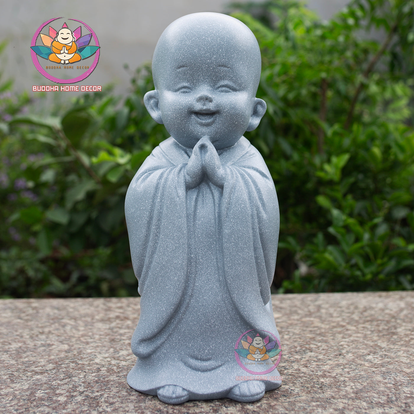 Happy Little Monk Statue Set 15.7" | Composite Resin and Stone Powder | Grey Stone Finish | Zen Monk Figurines for Home and Garden Decor