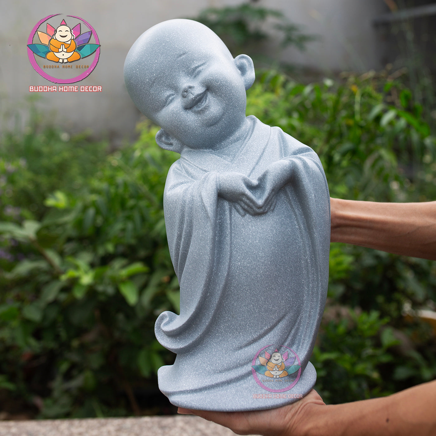 Happy Little Monk Statue Set 15.7" | Composite Resin and Stone Powder | Grey Stone Finish | Zen Monk Figurines for Home and Garden Decor