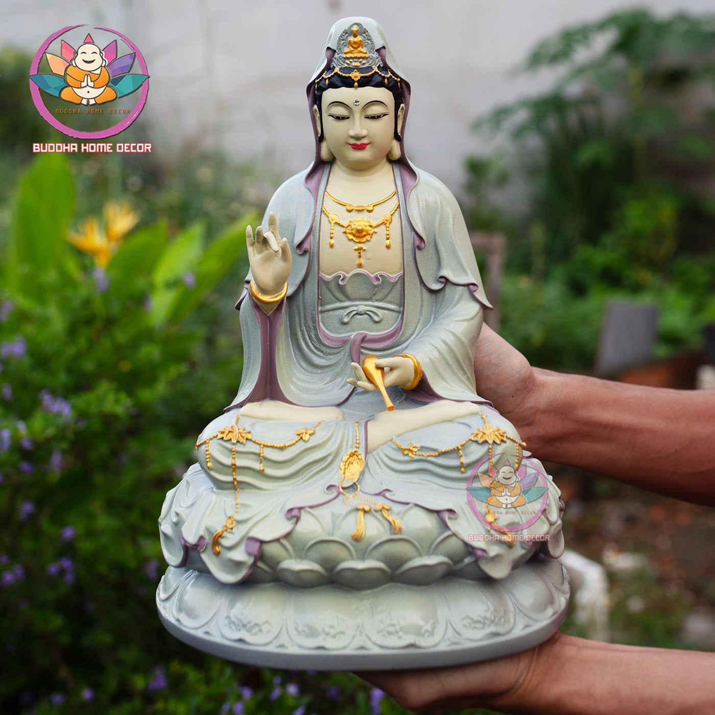Amitabha Buddha Statue Set 11.8" | Composite Resin and Stone Powder | Buddhist Altar Decor