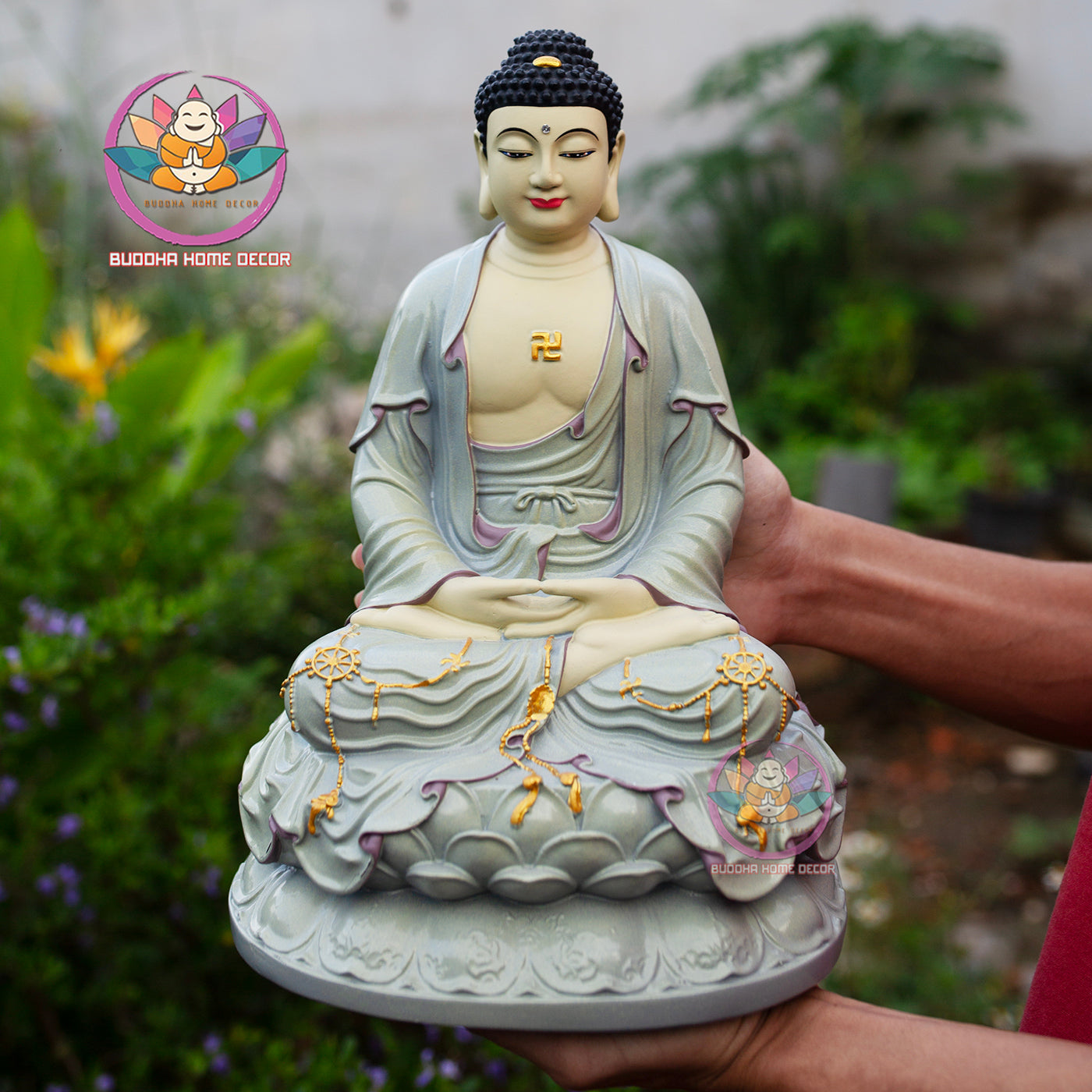 Amitabha Buddha Statue Set 11.8" | Composite Resin and Stone Powder | Buddhist Altar Decor