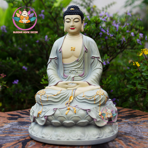 Amitabha Buddha Statue Set 11.8" | Composite Resin and Stone Powder | Buddhist Altar Decor