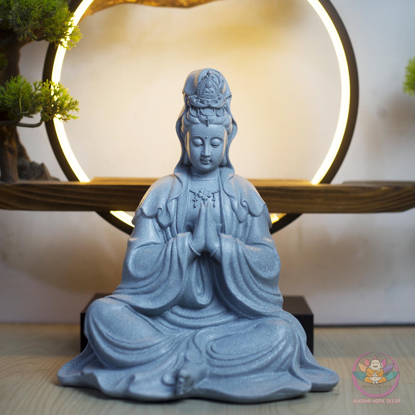 Seated Kwan Yin Statue with Praying Hands – Grey Stone Finish Guan Yin, 9.8 inches Handmade Resin Sculpture for Peace & Home Decor