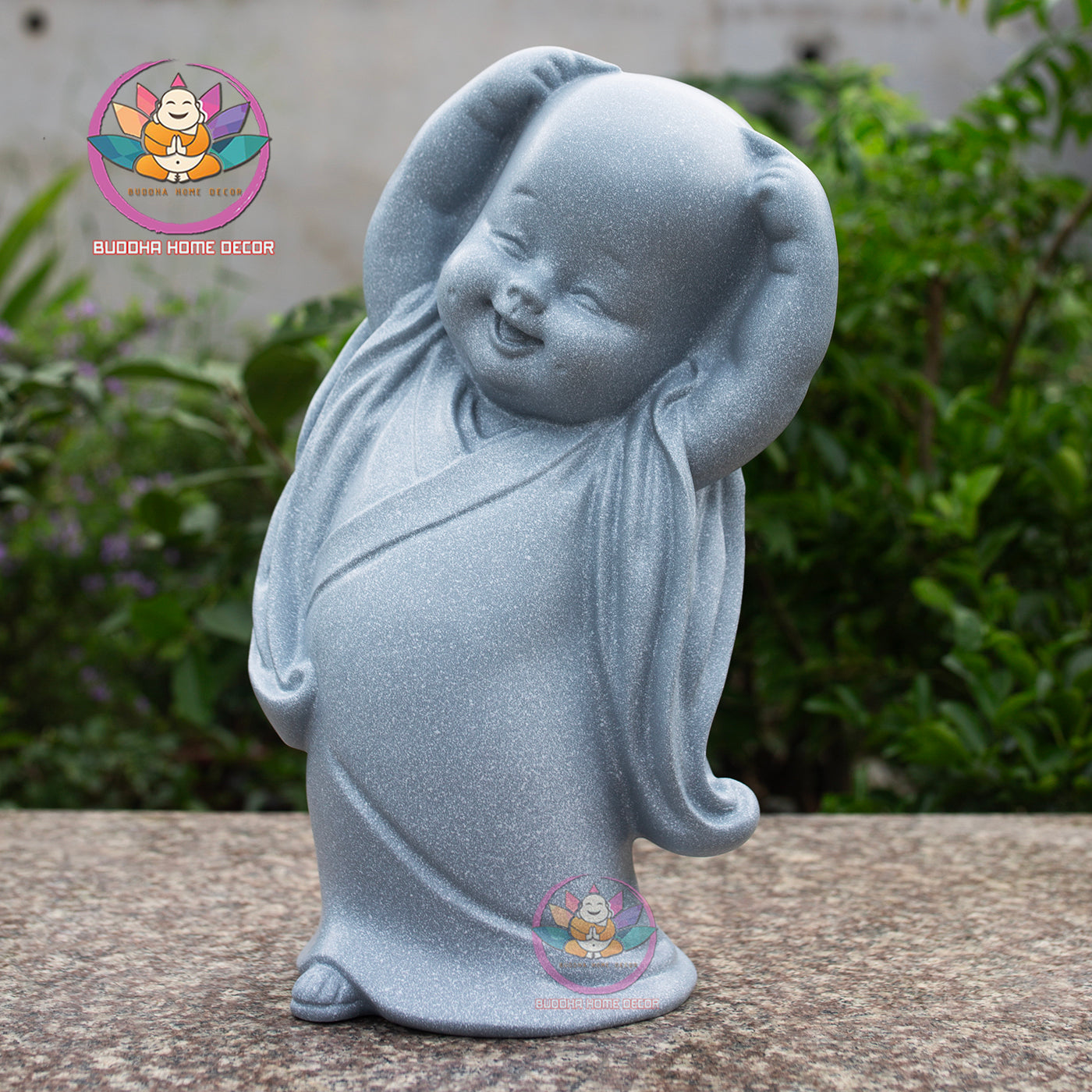 Happy Little Monk Statue Set 15.7" | Composite Resin and Stone Powder | Grey Stone Finish | Zen Monk Figurines for Home and Garden Decor