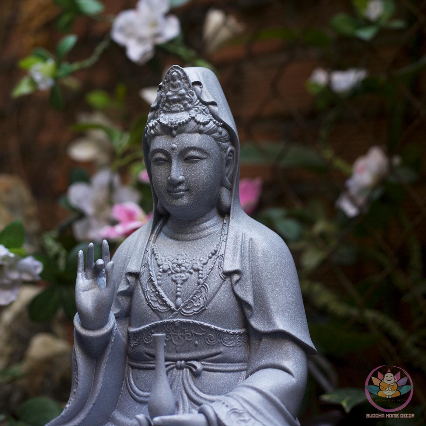Kwan Yin Statue – Seated Bodhisattva of Compassion on Lotus Base (15.7 inches)