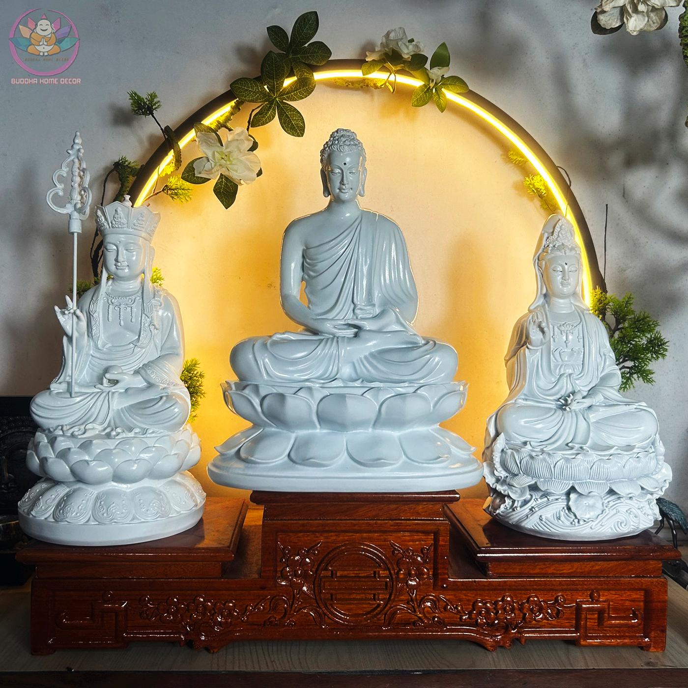 Buddhist Enlightened Trinity Statue Set – Shakyamuni Buddha, Ksitigarbha, and Avalokiteshvara – Stone Finish, 3 Piece Zen Sculpture Set