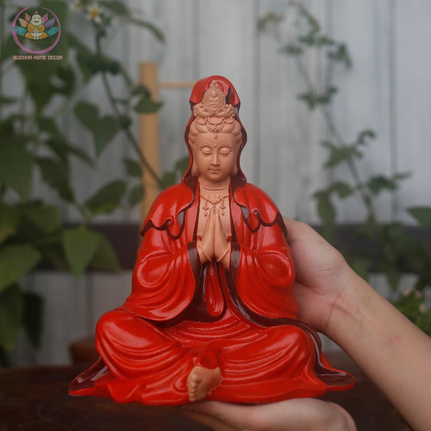 Seated Kwan Yin Statue with Praying Hands – Grey Stone Finish Guan Yin, 9.8 inches Handmade Resin Sculpture for Peace & Home Decor