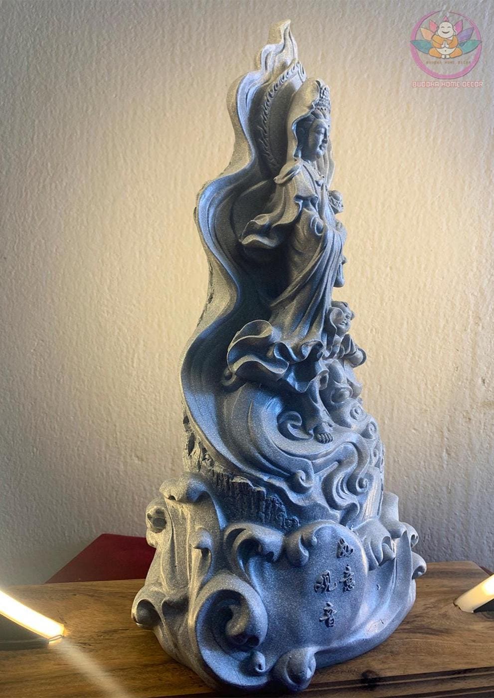 Guanyin Ruyi Statue – 15.7 inches Avalokiteshvara on Waves – Compassion and Wish-Granting Bodhisattva Sculpture - Buddha Statue