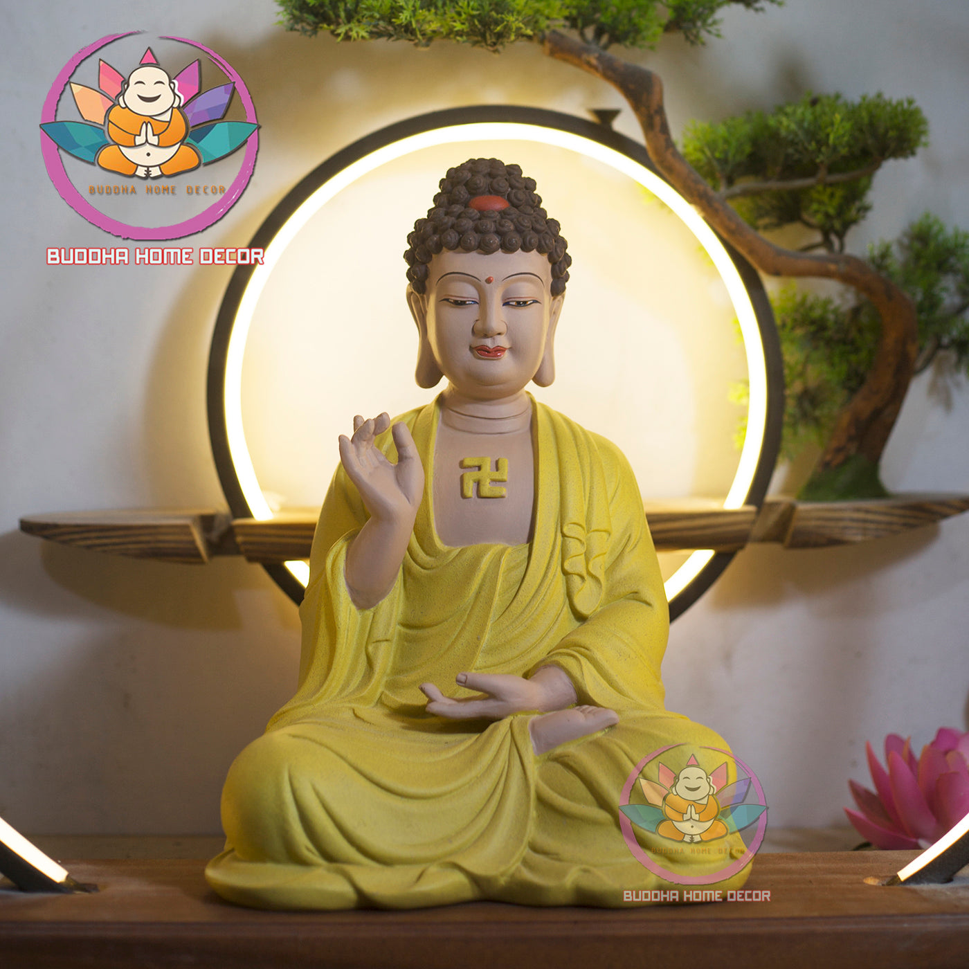 Amitabha Buddha Statue – Yellow Robe Buddha in Meditation – Resin Amituofo Figurine for Altar, Home, or Zen Space