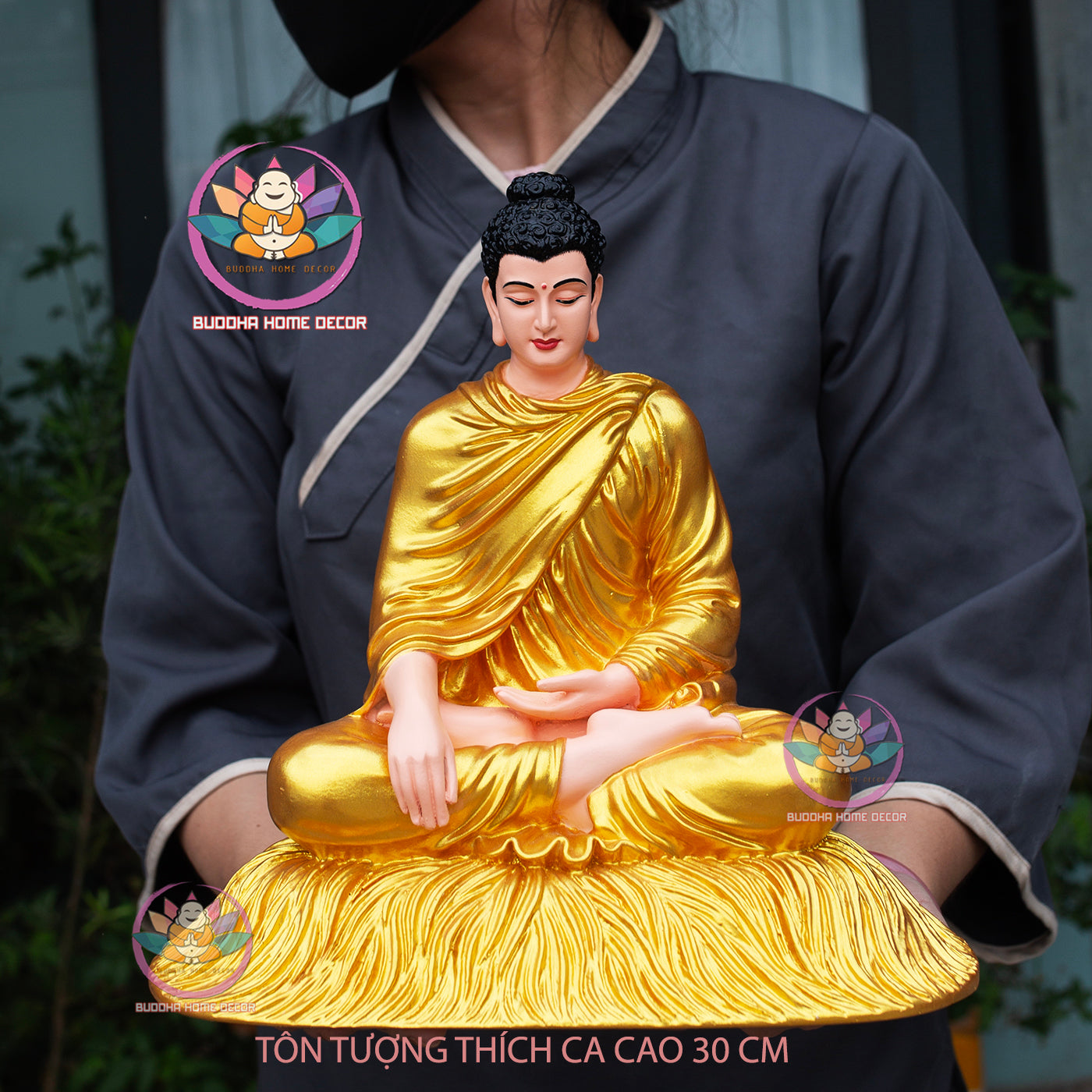 Hand-Painted Resin Golden Buddha Statue – 11.8" (30cm) Shakyamuni in Meditation | Buddhist Altar Decor | Made in Vietnam