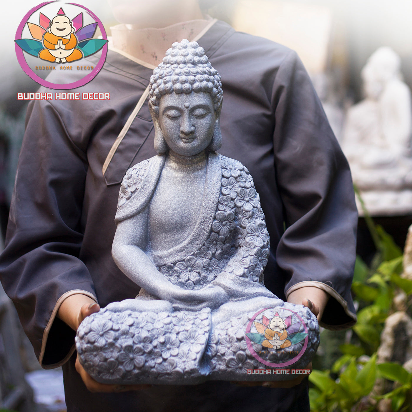 Zen Garden Buddha Statue – Floral Robe Meditating Buddha for Outdoor or Indoor Decor